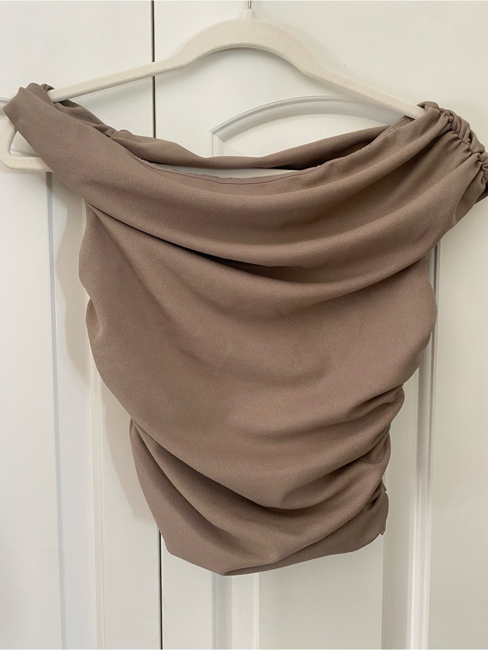 Abercrombie and Fitch Asymmetrical Off The Shoulder Ruched Top in Taupe